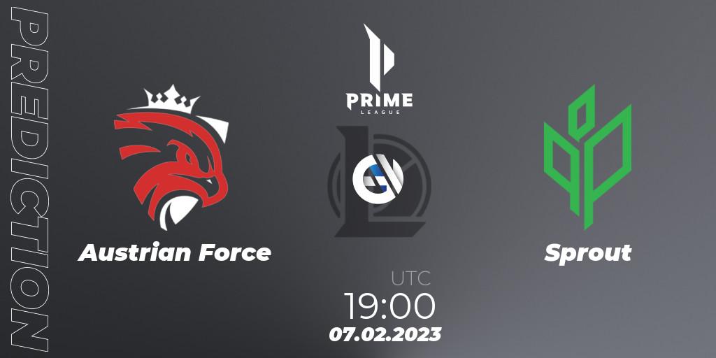 Prognose für das Spiel Austrian Force VS Sprout. 07.02.2023 at 19:00. LoL - Prime League 2nd Division Spring 2023 - Group Stage