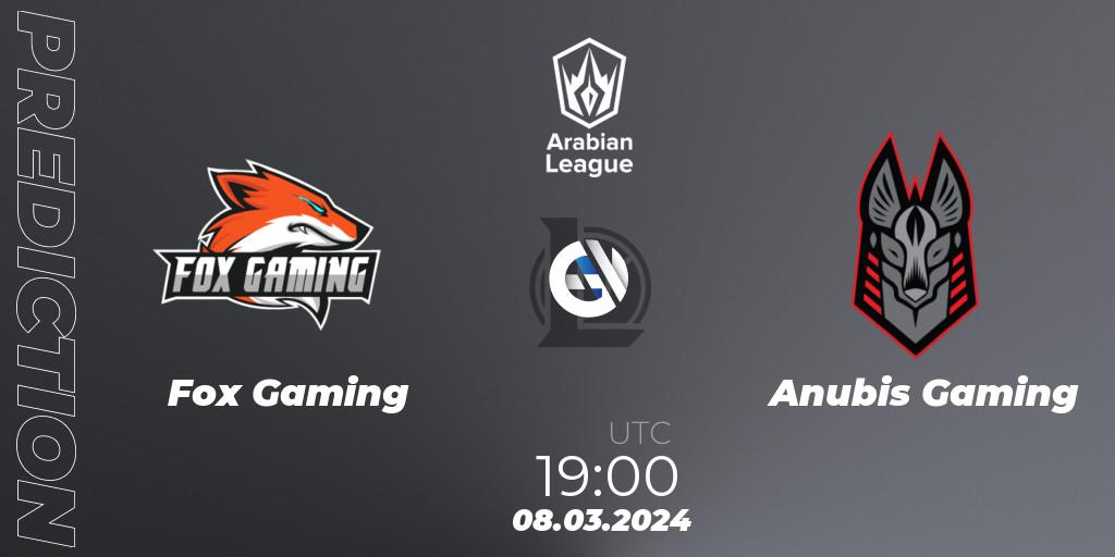 Prognose für das Spiel Fox Gaming VS Anubis Gaming. 08.03.24. LoL - Arabian League Spring 2024