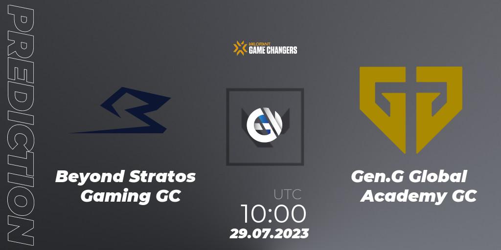 Prognose für das Spiel Beyond Stratos Gaming GC VS Gen.G Global Academy GC. 29.07.2023 at 09:30. VALORANT - VCT 2023: Game Changers Korea Stage 1