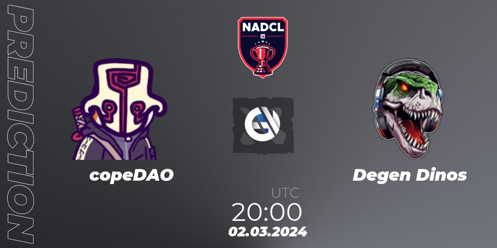 Prognose für das Spiel copeDAO VS Degen Dinos. 02.03.2024 at 20:00. Dota 2 - North American Dota Challengers League Season 6 Division 1