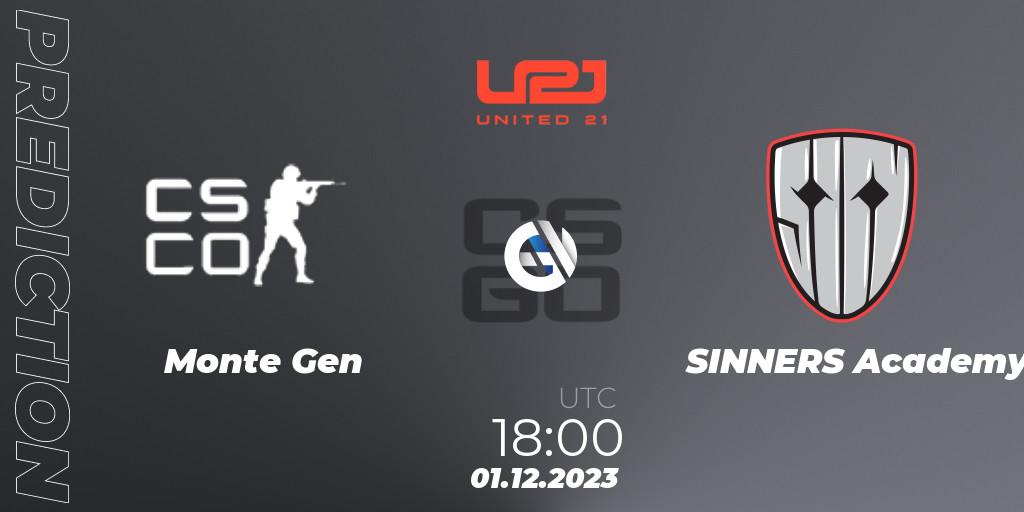 Prognose für das Spiel Monte Gen VS SINNERS Academy. 01.12.2023 at 18:00. Counter-Strike (CS2) - United21 Season 8: Division 2