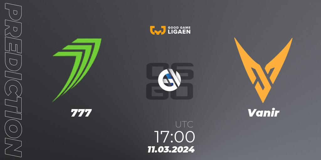 Prognose für das Spiel 777 VS Vanir. 11.03.2024 at 17:00. Counter-Strike (CS2) - Good Game-ligaen Spring 2024