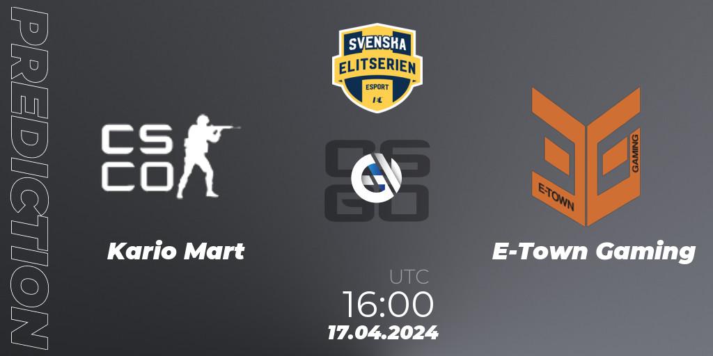 Prognose für das Spiel Kario Mart VS E-Town Gaming. 17.04.2024 at 16:10. Counter-Strike (CS2) - Svenska Elitserien Spring 2024