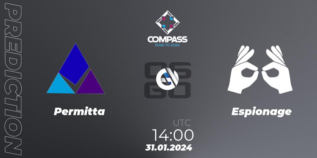 Prognose für das Spiel Permitta VS Espionage. 31.01.2024 at 14:00. Counter-Strike (CS2) - YaLLa Compass Spring 2024 Contenders