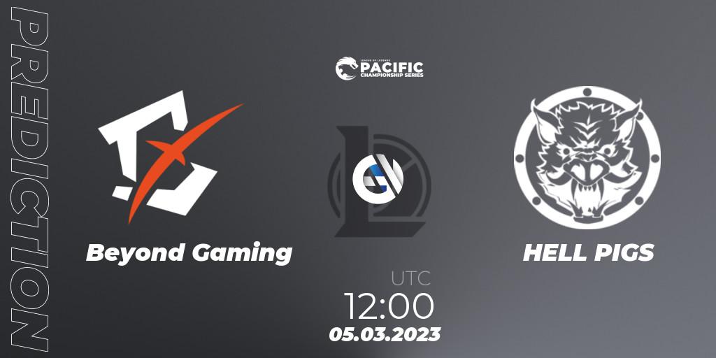 Prognose für das Spiel Beyond Gaming VS HELL PIGS. 05.03.2023 at 12:10. LoL - PCS Spring 2023 - Group Stage
