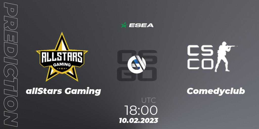 Prognose für das Spiel allStars Gaming VS Comedyclub. 10.02.23. CS2 (CS:GO) - ESEA Season 44: Advanced Division - Europe