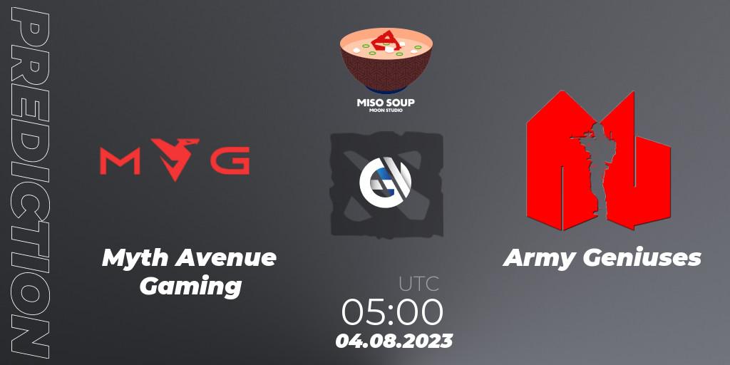 Prognose für das Spiel Myth Avenue Gaming VS Army Geniuses. 04.08.2023 at 08:17. Dota 2 - Moon Studio Miso Soup