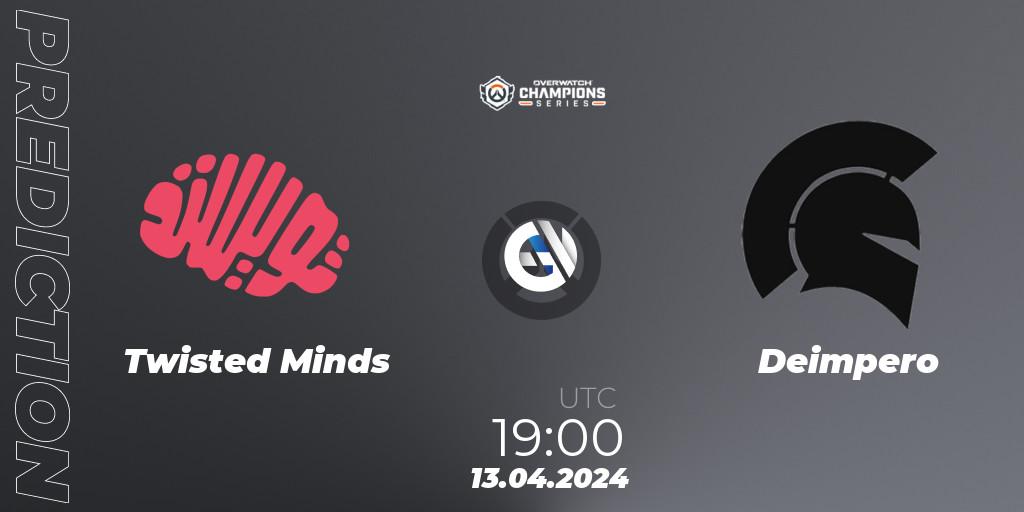 Prognose für das Spiel Twisted Minds VS Deimpero. 13.04.2024 at 19:00. Overwatch - Overwatch Champions Series 2024 - EMEA Stage 2 Group Stage