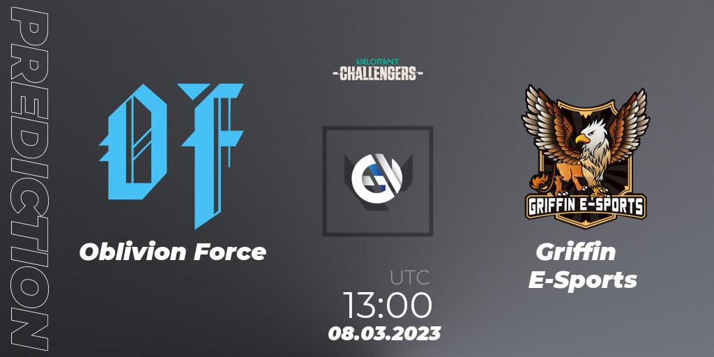 Prognose für das Spiel Oblivion Force VS Griffin E-Sports. 08.03.2023 at 13:00. VALORANT - VALORANT Challengers 2023: Hong Kong and Taiwan Split 1