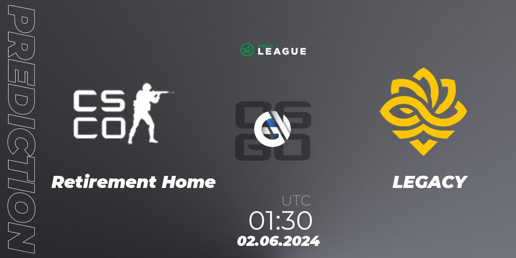 Prognose für das Spiel Retirement Home VS LEGACY. 02.06.2024 at 01:30. Counter-Strike (CS2) - ESEA Advanced Season 49 North America
