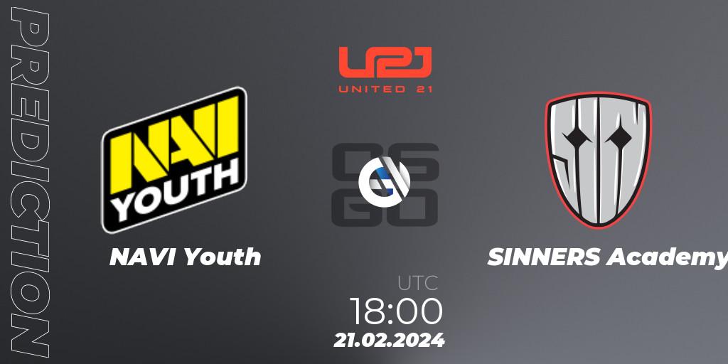 Prognose für das Spiel NAVI Youth VS SINNERS Academy. 21.02.2024 at 18:00. Counter-Strike (CS2) - United21 Season 11: Division 2