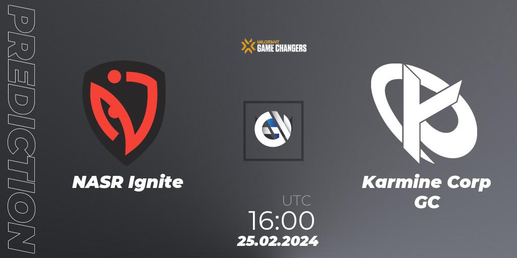 Prognose für das Spiel NASR Ignite VS Karmine Corp GC. 25.02.2024 at 16:00. VALORANT - VCT 2024: Game Changers EMEA Stage 1