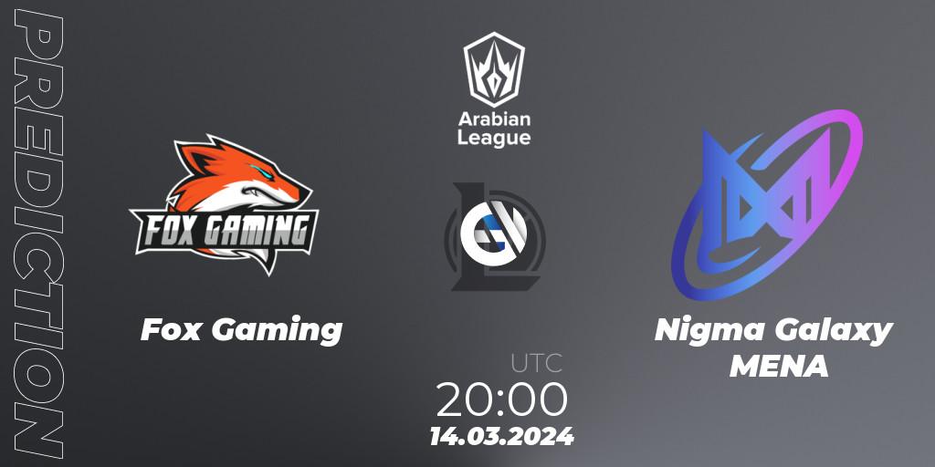 Prognose für das Spiel Fox Gaming VS Nigma Galaxy MENA. 14.03.24. LoL - Arabian League Spring 2024