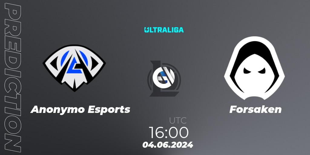 Prognose für das Spiel Anonymo Esports VS Forsaken. 04.06.2024 at 16:00. LoL - Ultraliga Season 12