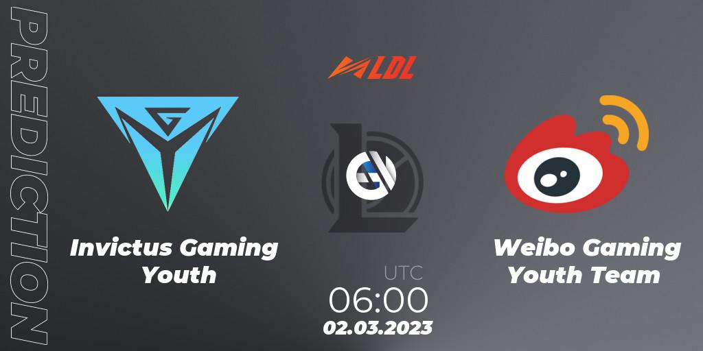 Prognose für das Spiel Invictus Gaming Youth VS Weibo Gaming Youth Team. 02.03.2023 at 06:00. LoL - LDL 2023 - Regular Season