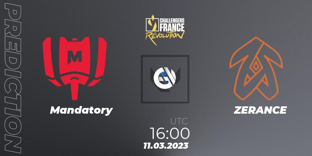 Prognose für das Spiel Mandatory VS ZERANCE. 11.03.2023 at 16:00. VALORANT - VALORANT Challengers 2023 France: Revolution Split 1