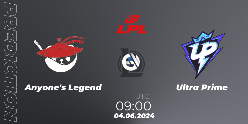 Prognose für das Spiel Anyone's Legend VS Ultra Prime. 04.06.2024 at 09:00. LoL - LPL 2024 Summer - Group Stage