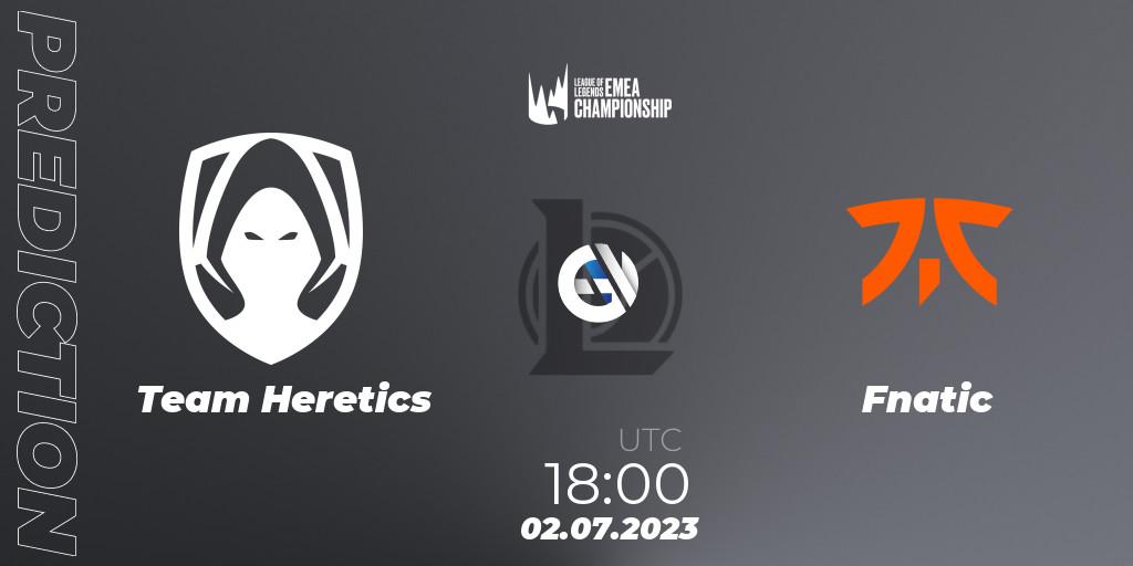 Prognose für das Spiel Team Heretics VS Fnatic. 02.07.2023 at 18:00. LoL - LEC Summer 2023 - Regular Season