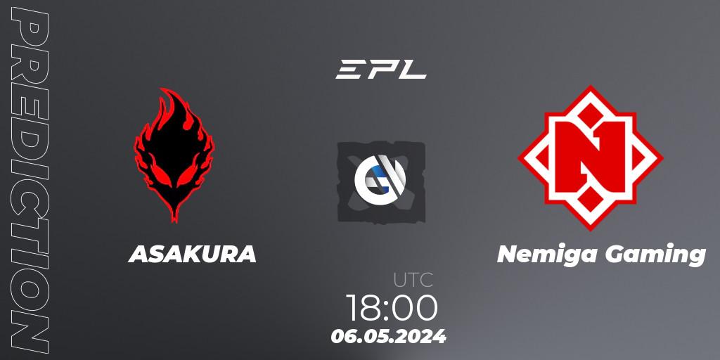Prognose für das Spiel ASAKURA VS Nemiga Gaming. 06.05.2024 at 18:20. Dota 2 - European Pro League Season 18
