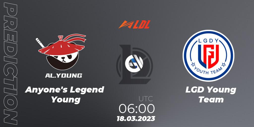 Prognose für das Spiel Anyone's Legend Young VS LGD Young Team. 18.03.2023 at 06:00. LoL - LDL 2023 - Regular Season