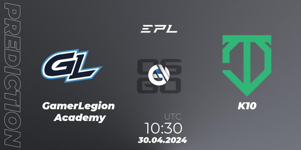 Prognose für das Spiel GamerLegion Academy VS K10. 30.04.2024 at 11:15. Counter-Strike (CS2) - European Pro League Season 17: Division 2