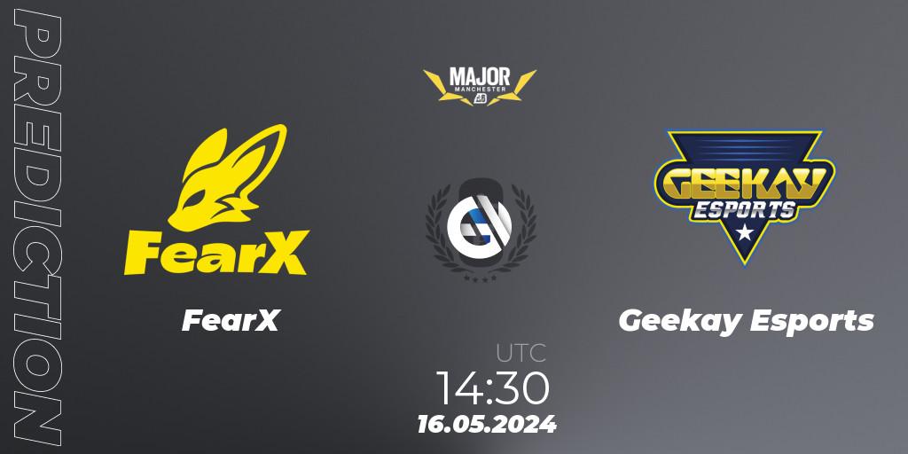 Prognose für das Spiel FearX VS Geekay Esports. 16.05.2024 at 14:45. Rainbow Six - BLAST R6 Major Manchester 2024