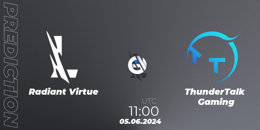 Prognose für das Spiel Radiant Virtue VS ThunderTalk Gaming. 05.06.2024 at 11:00. Wild Rift - Wild Rift Super League Summer 2024 - 5v5 Tournament Group Stage