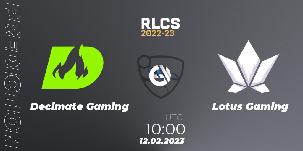 Prognose für das Spiel Decimate Gaming VS Lotus Gaming. 12.02.2023 at 11:00. Rocket League - RLCS 2022-23 - Winter: Asia-Pacific Regional 2 - Winter Cup