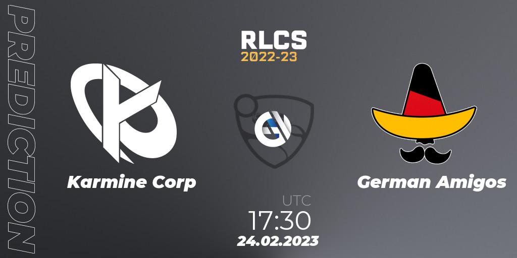 Prognose für das Spiel Karmine Corp VS German Amigos. 24.02.2023 at 17:30. Rocket League - RLCS 2022-23 - Winter: Europe Regional 3 - Winter Invitational
