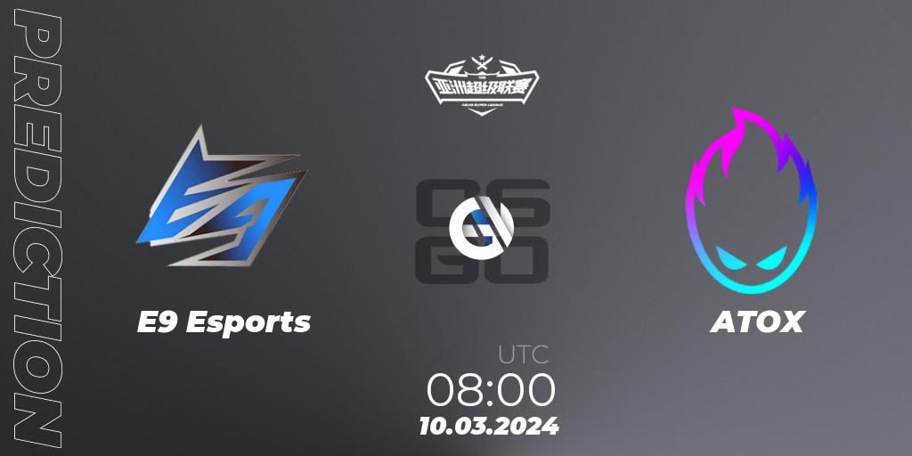 Prognose für das Spiel E9 Esports VS ATOX. 10.03.2024 at 08:00. Counter-Strike (CS2) - Asian Super League Season 2