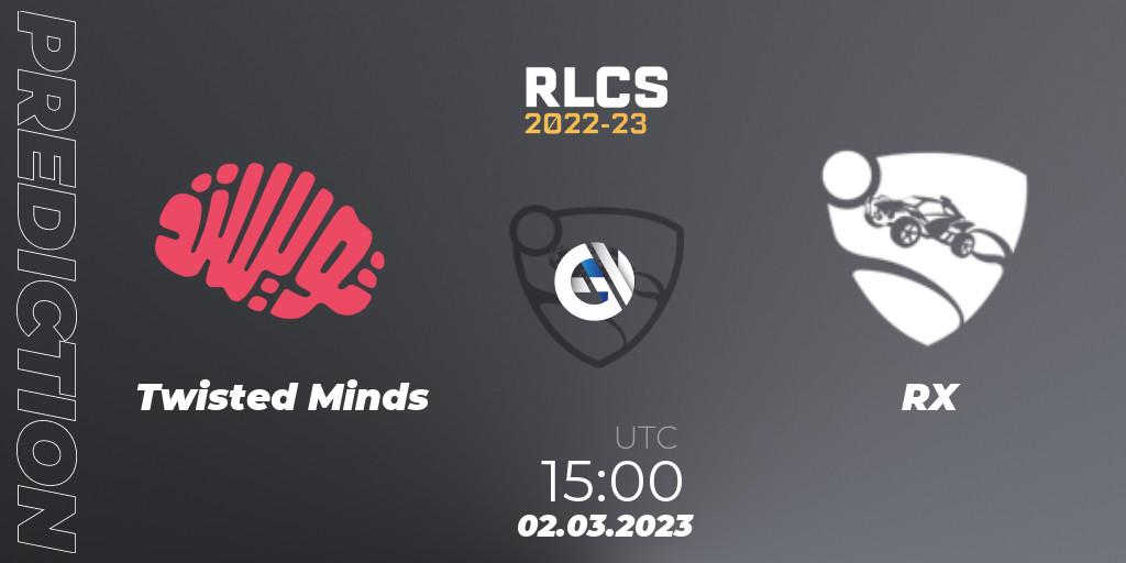 Prognose für das Spiel Twisted Minds VS RX. 02.03.2023 at 15:00. Rocket League - RLCS 2022-23 - Winter: Middle East and North Africa Regional 3 - Winter Invitational