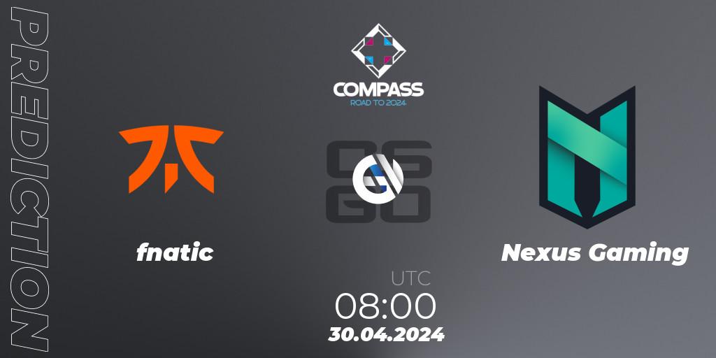Prognose für das Spiel fnatic VS Nexus Gaming. 30.04.2024 at 08:00. Counter-Strike (CS2) - YaLLa Compass Spring 2024