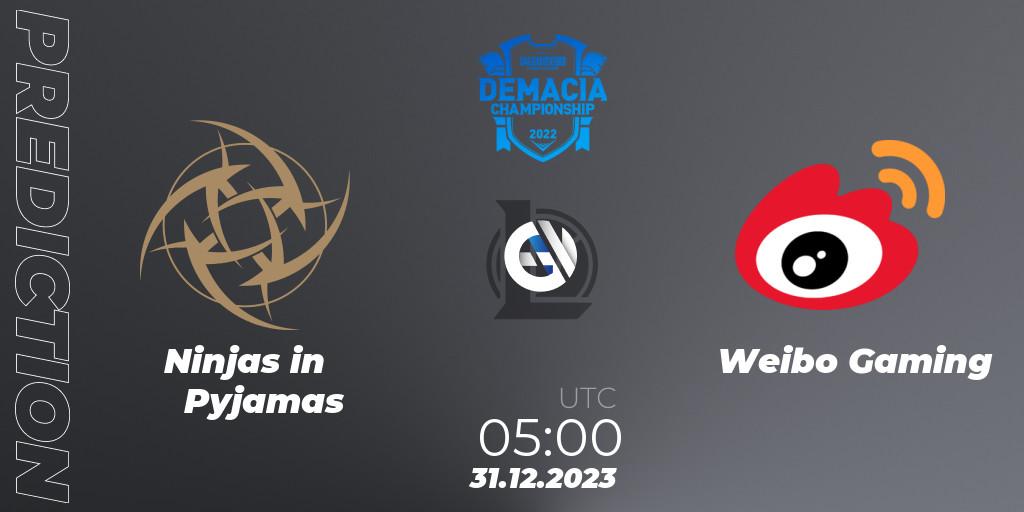 Prognose für das Spiel Ninjas in Pyjamas VS Weibo Gaming. 31.12.2023 at 05:00. LoL - Demacia Cup 2023 Playoffs