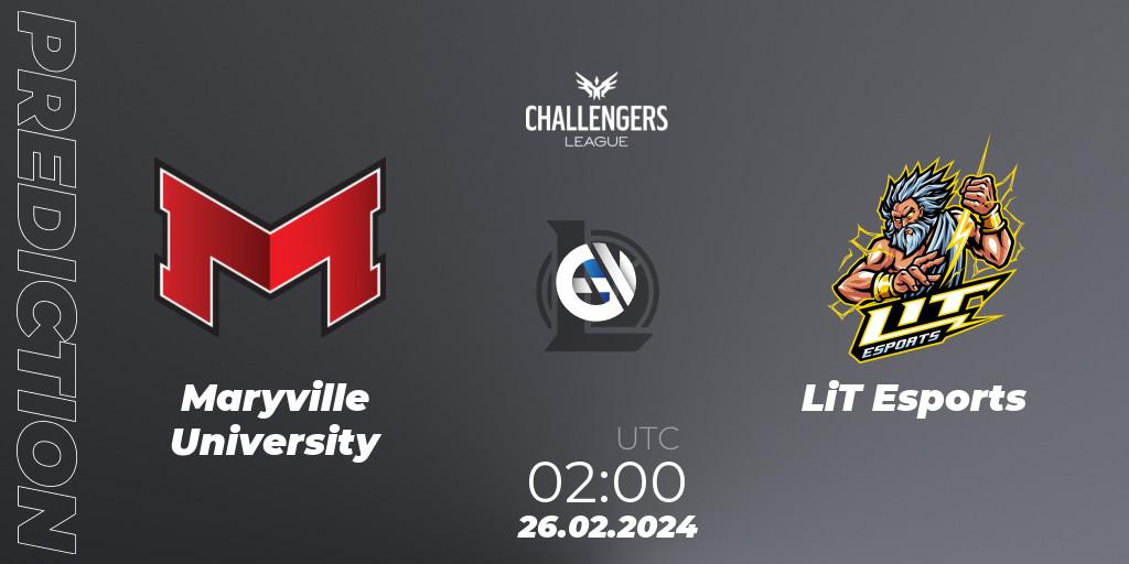 Prognose für das Spiel Maryville University VS LiT Esports. 26.02.2024 at 02:00. LoL - NACL 2024 Spring - Group Stage