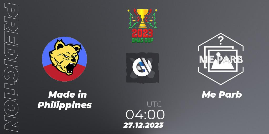 Prognose für das Spiel Made in Philippines VS Me Parb. 27.12.2023 at 04:50. Dota 2 - Xmas Cup 2023