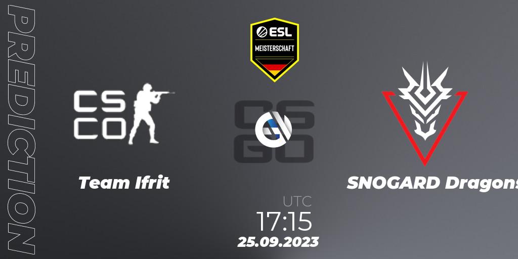 Prognose für das Spiel Team Ifrit VS SNOGARD Dragons. 25.09.2023 at 17:15. Counter-Strike (CS2) - ESL Meisterschaft: Autumn 2023