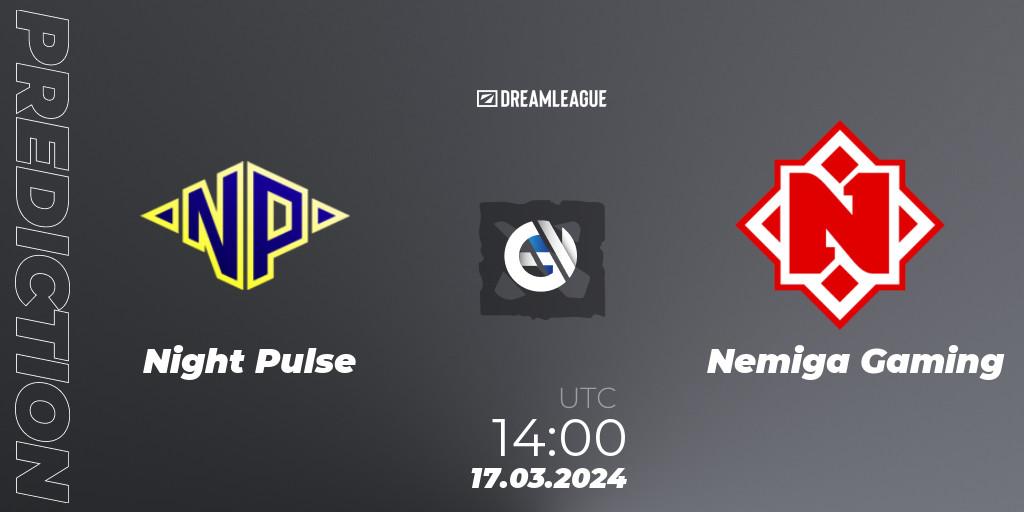 Prognose für das Spiel Night Pulse VS Nemiga Gaming. 17.03.2024 at 14:00. Dota 2 - DreamLeague Season 23: Eastern Europe Open Qualifier #1
