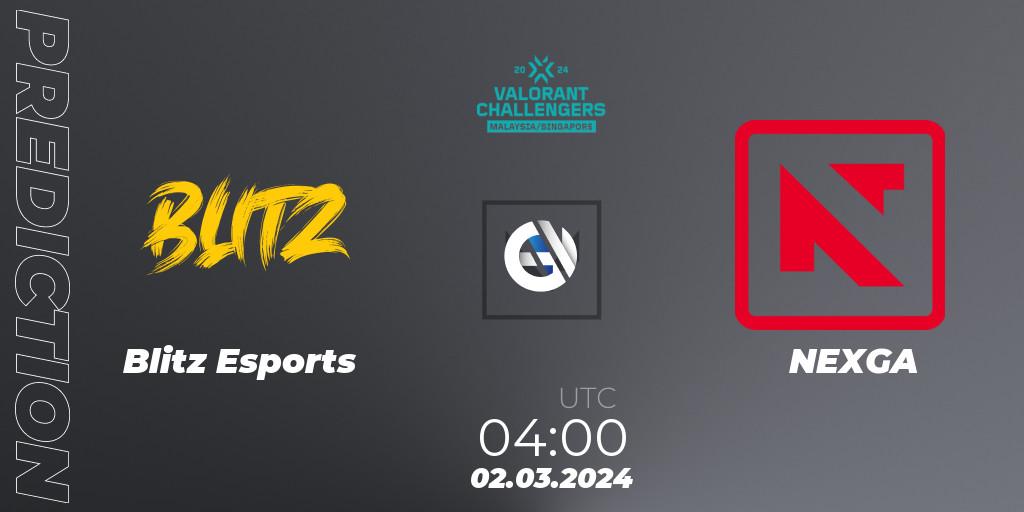 Prognose für das Spiel Blitz Esports VS NEXGA. 02.03.2024 at 04:00. VALORANT - VALORANT Challengers Malaysia & Singapore 2024: Split 1