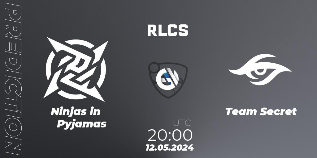 Prognose für das Spiel Ninjas in Pyjamas VS Team Secret. 12.05.2024 at 20:00. Rocket League - RLCS 2024 - Major 2: SAM Open Qualifier 5