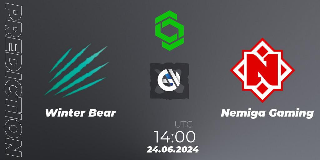 Prognose für das Spiel Winter Bear VS Nemiga Gaming. 24.06.2024 at 15:00. Dota 2 - CCT Dota 2 Series 1