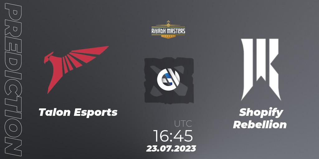 Prognose für das Spiel Talon Esports VS Shopify Rebellion. 23.07.2023 at 16:48. Dota 2 - Riyadh Masters 2023 - Group Stage