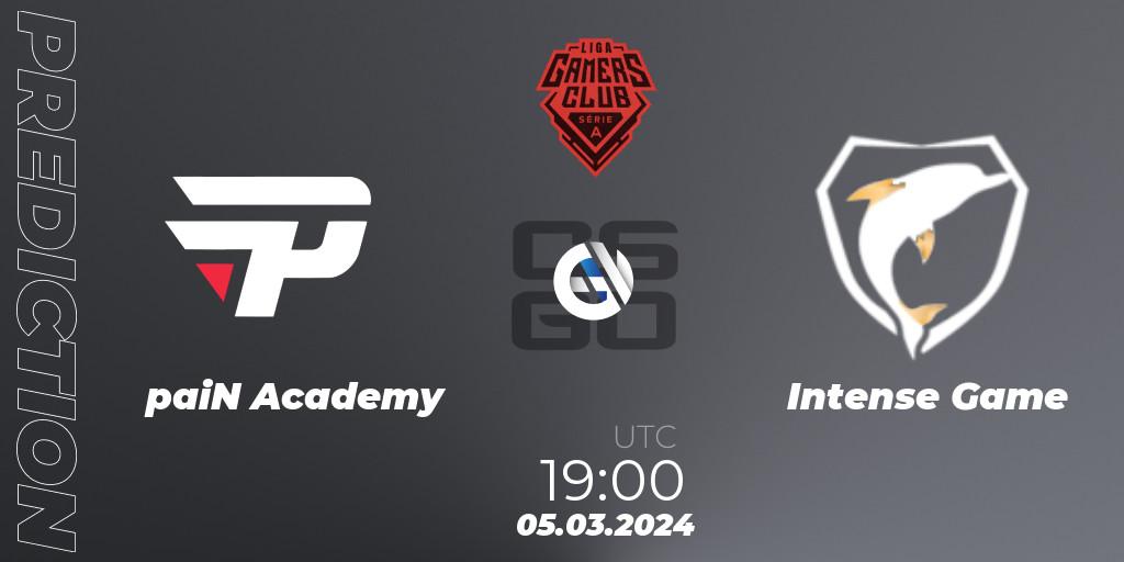 Prognose für das Spiel paiN Academy VS Intense Game. 05.03.2024 at 19:00. Counter-Strike (CS2) - Gamers Club Liga Série A: February 2024