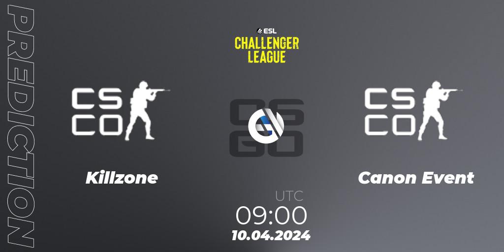 Prognose für das Spiel Killzone VS Canon Event. 10.04.2024 at 09:00. Counter-Strike (CS2) - ESL Challenger League Season 47: Oceania