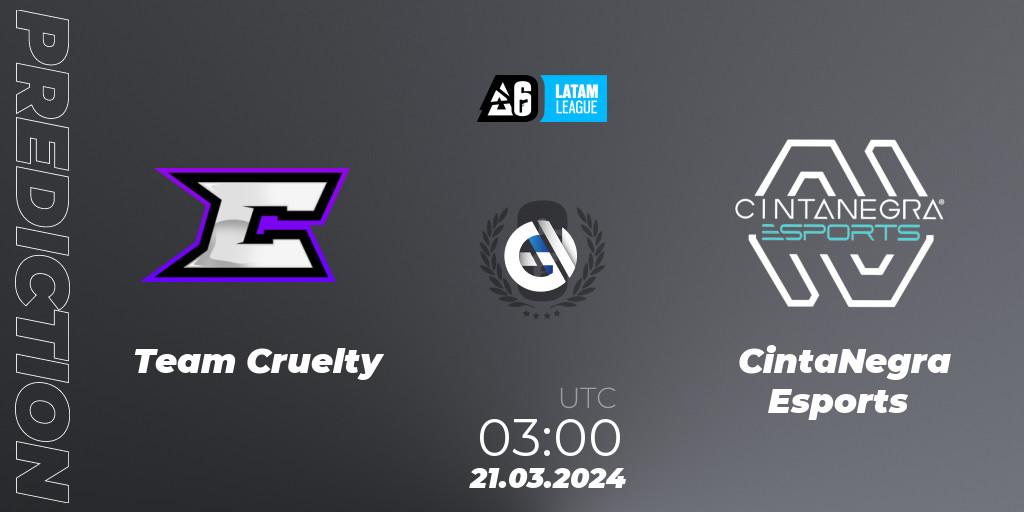 Prognose für das Spiel Team Cruelty VS CintaNegra Esports. 21.03.2024 at 03:00. Rainbow Six - LATAM League 2024 - Stage 1: LATAM North