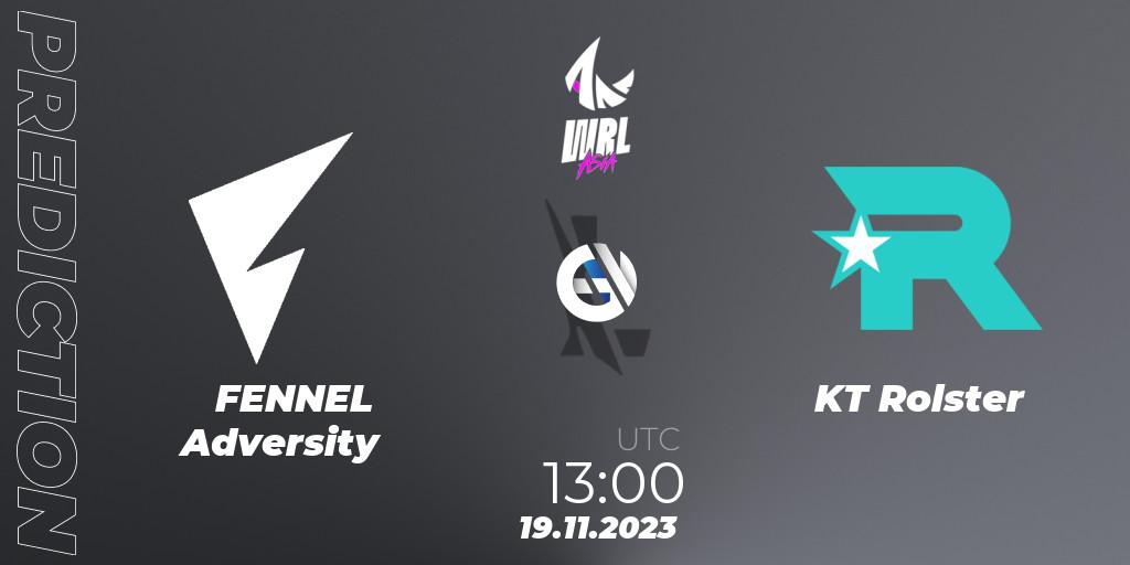 Prognose für das Spiel FENNEL Adversity VS KT Rolster. 19.11.2023 at 13:00. Wild Rift - WRL Asia 2023 - Season 2 - Regular Season