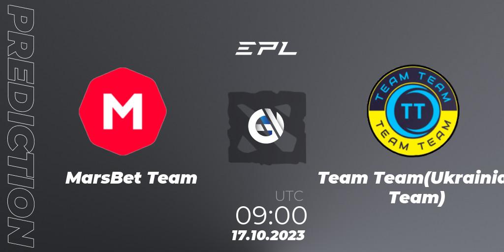 Prognose für das Spiel MarsBet Team VS Team Team(Ukrainian Team). 17.10.2023 at 09:00. Dota 2 - European Pro League Season 13