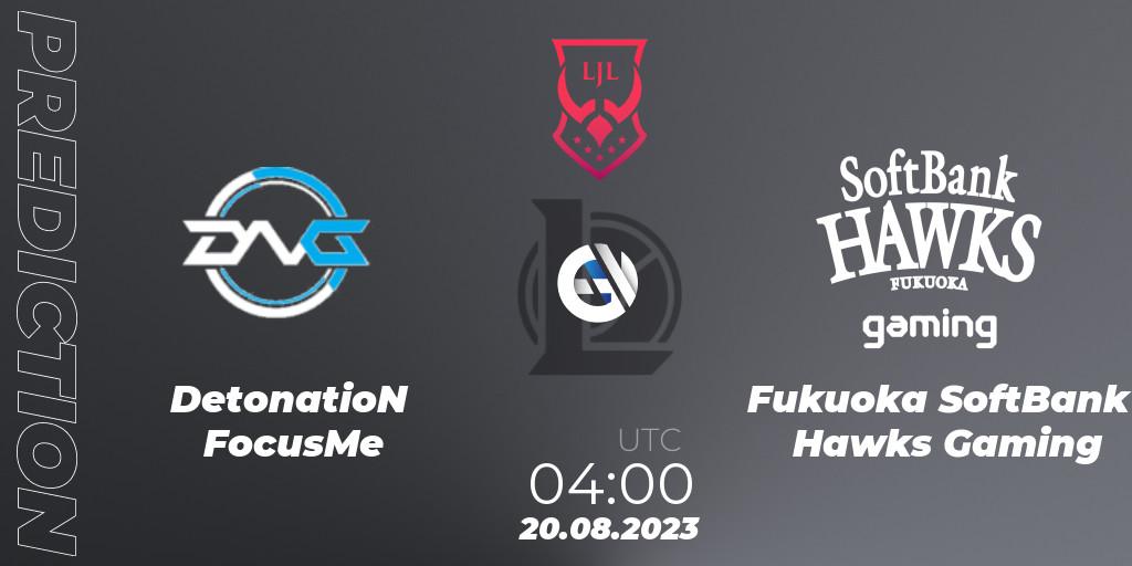 Prognose für das Spiel DetonatioN FocusMe VS Fukuoka SoftBank Hawks Gaming. 20.08.2023 at 05:00. LoL - LJL Summer 2023