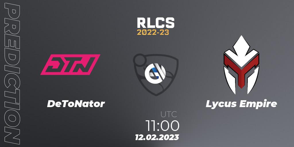 Prognose für das Spiel DeToNator VS Lycus Empire. 12.02.2023 at 10:00. Rocket League - RLCS 2022-23 - Winter: Asia-Pacific Regional 2 - Winter Cup