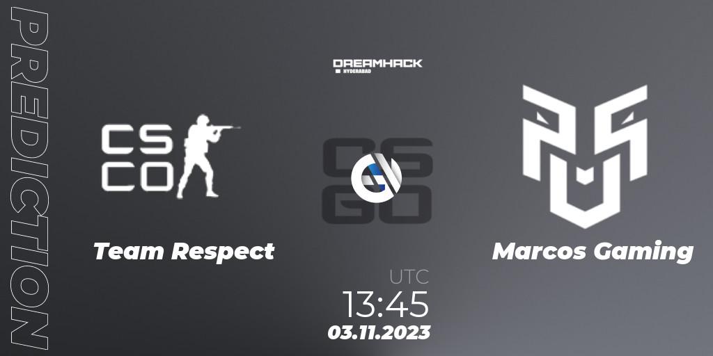 Prognose für das Spiel Team Respect VS Marcos Gaming. 03.11.2023 at 16:15. Counter-Strike (CS2) - DreamHack Hyderabad Invitational 2023