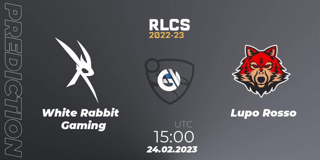 Prognose für das Spiel White Rabbit Gaming VS Lupo Rosso. 24.02.2023 at 15:00. Rocket League - RLCS 2022-23 - Winter: Sub-Saharan Africa Regional 3 - Winter Invitational